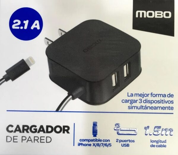 CARGADOR PARED MOBO 2USB IPHONE 2.1A