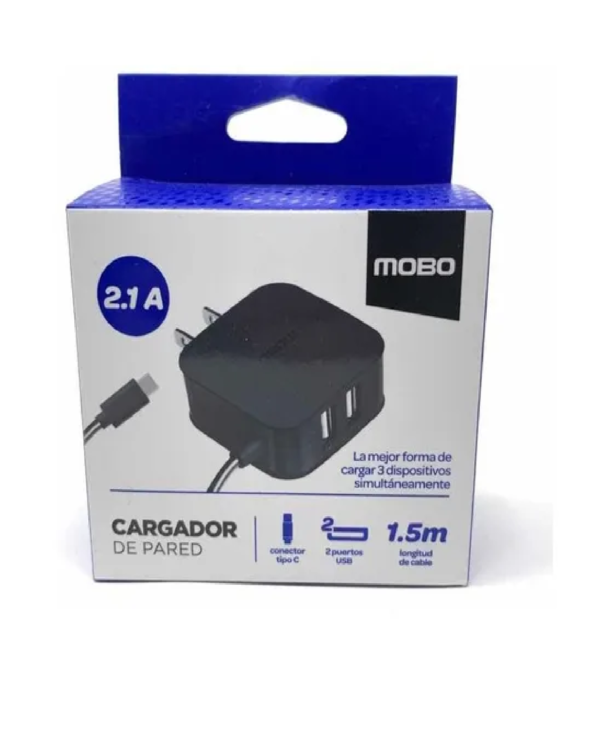 CARGADOR PARED MOBO 2USB TIPO C 2.1A
